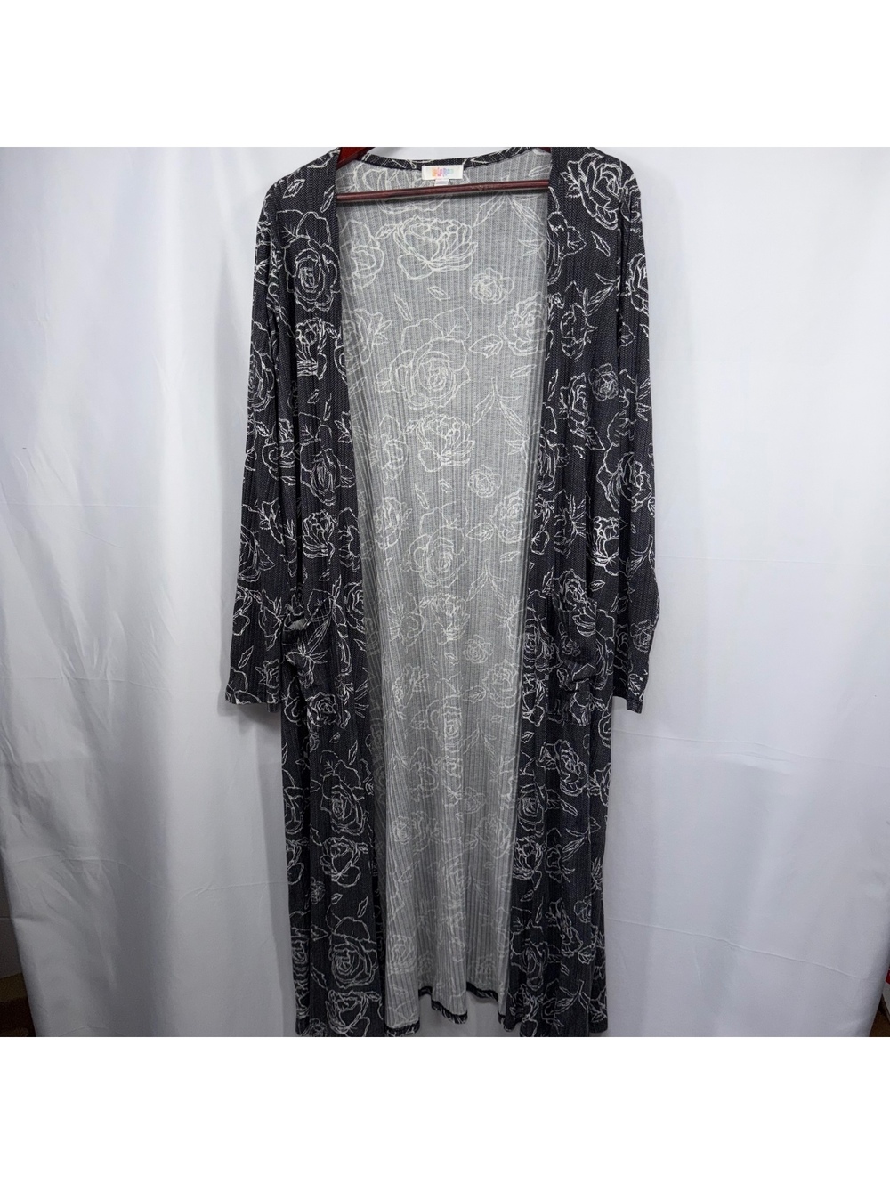 LuLaRoe Sarah L Black White Rose Duster Cardigan